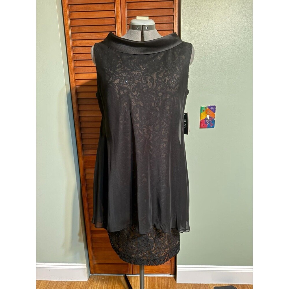 SLNY Vintage Style Chiffon Over Stretch Lace Sheath Cocktail Dress